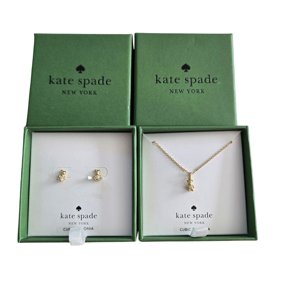 Kate Spade Teddy Bear Jewelry Set  Gold New Cubic Zirconia K0831‎ K0834